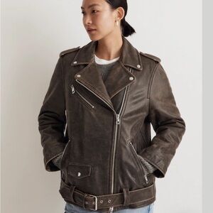 Madewell Distressed Leather Oversized Moto Jacket, S, Washed Fatigue